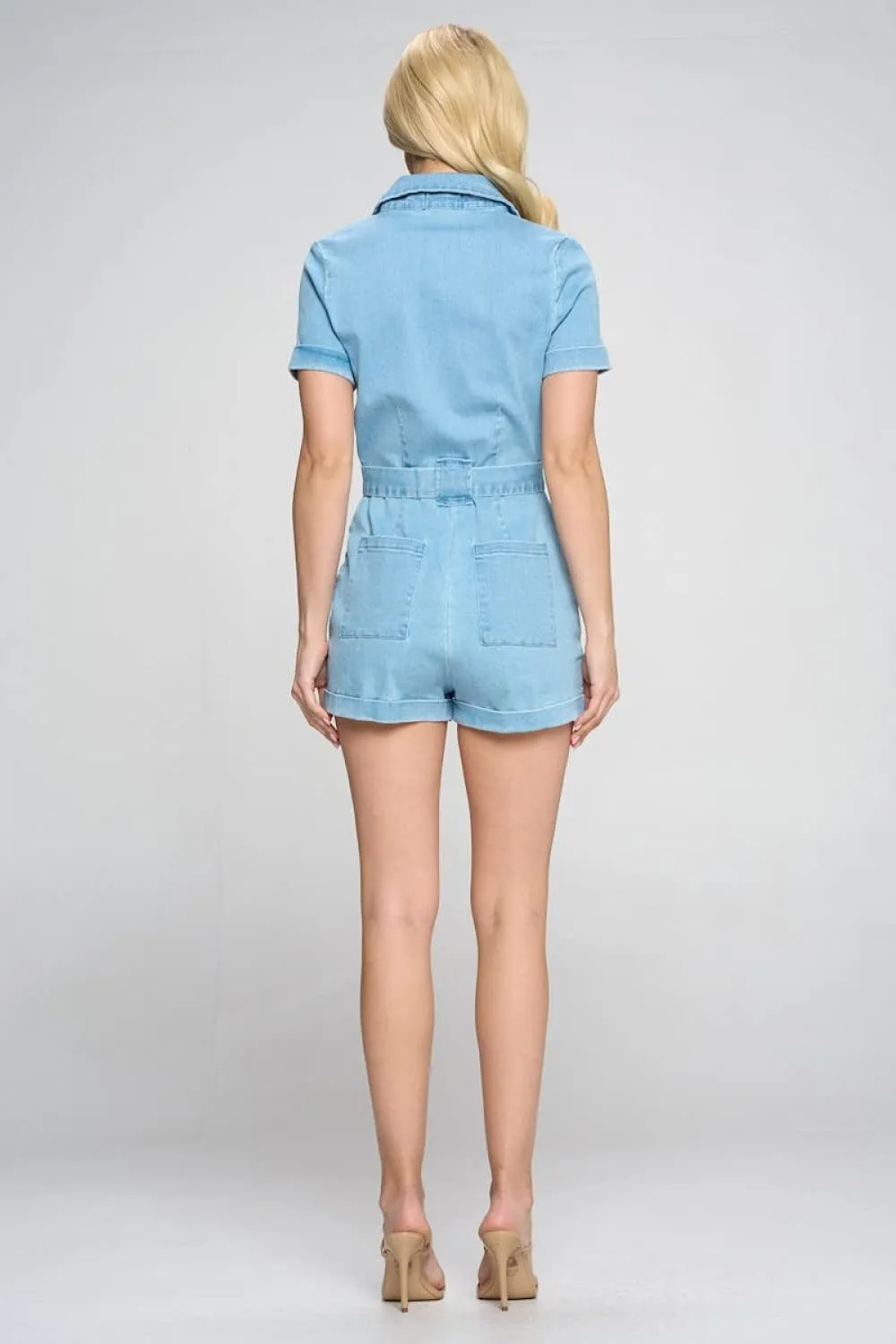 Women's Short Sleeve Zip up Belted Denim Romper