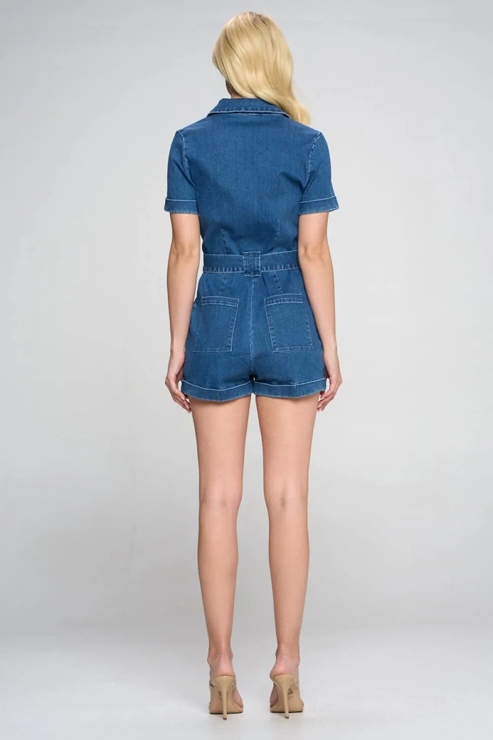 Women's Short Sleeve Zip up Belted Denim Romper