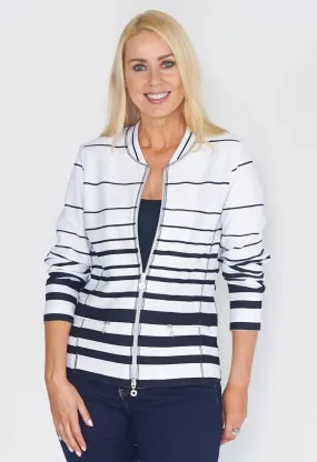 ZIP THROUGH CARDIGAN IN WHITE WITH NAVY STRIPES.